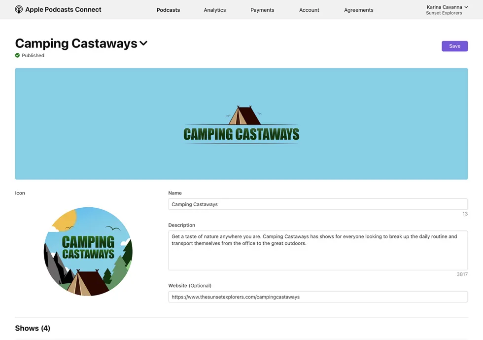 Apple Podcasts Connect チャンネル「Camping Castaways」。