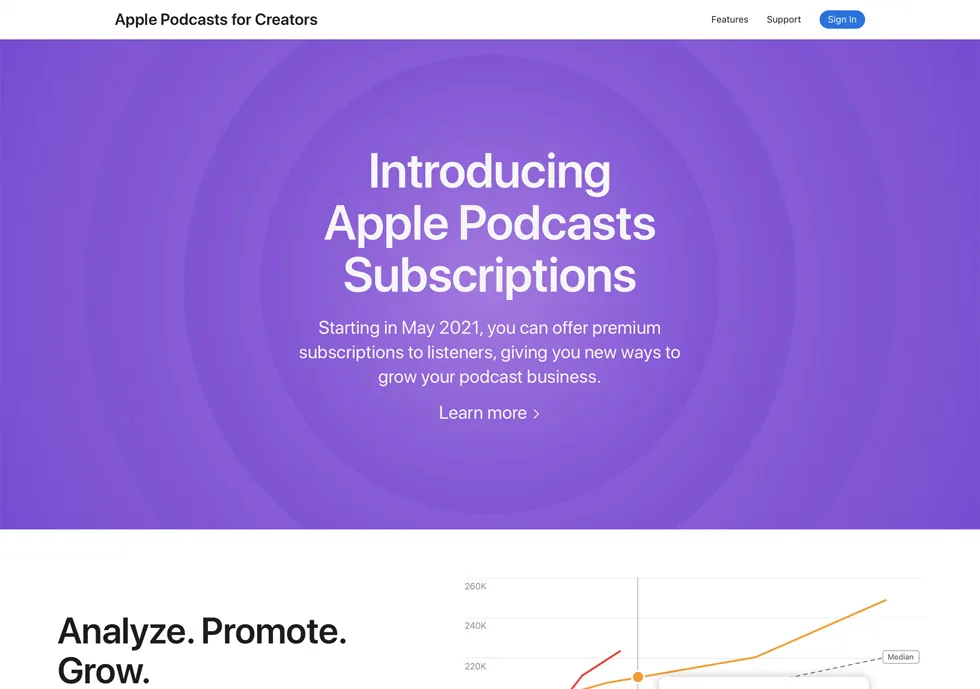 Apple Podcasts for Creatorsウェブサイトの紹介ページ。