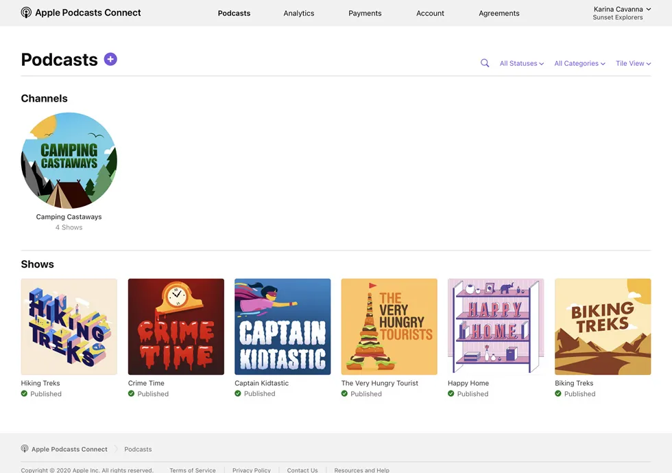 Apple Podcasts Connect のユーザー インターフェース。
