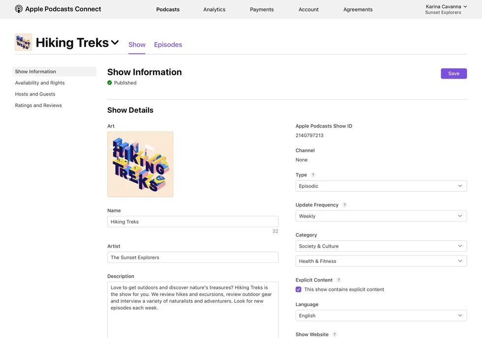 Apple Podcasts Connect ページには、ポッドキャスト「Hiking Treks」の番組情報が表示されます。