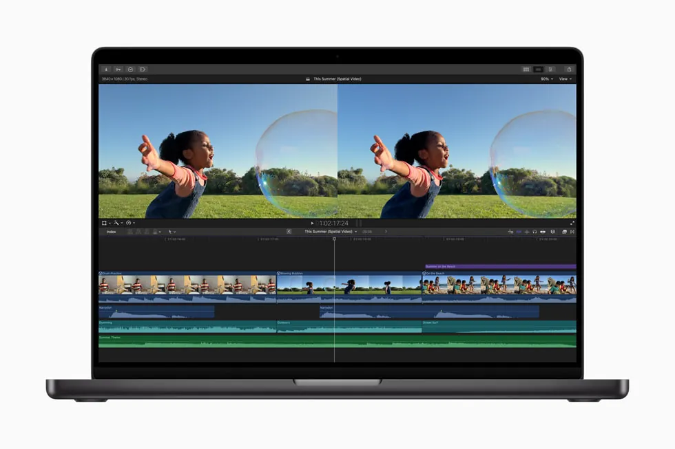 Final Cut Pro 11 の空間ビデオ編集機能が MacBook Pro で表示されます。